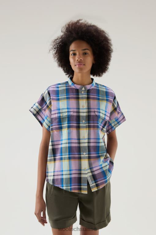 chemisier à carreaux à manches courtes Appalachian Trail en pur coton chèque bleu vêtements femmes Woolrich 2FX2J173