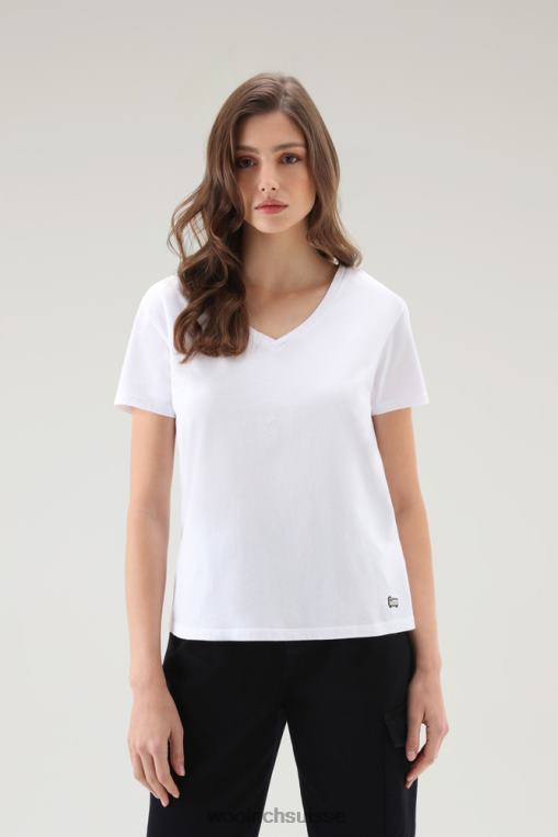 t-shirt col V en pur coton blanc brillant vêtements femmes Woolrich 2FX2J71