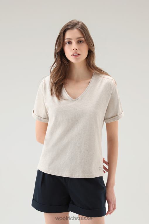 t-shirt en coton et lin mélangés avec col en V plage de sable vêtements femmes Woolrich 2FX2J96